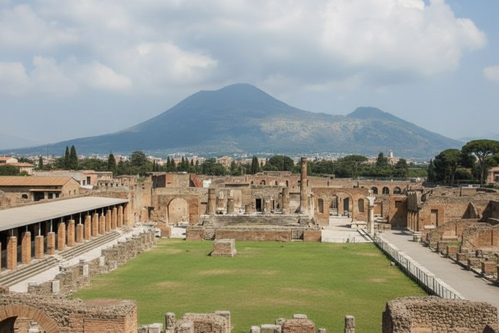 The ruins of the Pompeii Forum with Mount Vesuvius in the background