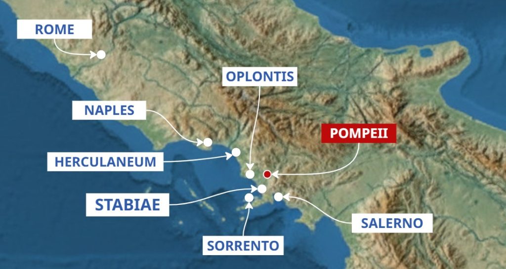 Map with the roman ruins near Pompeii